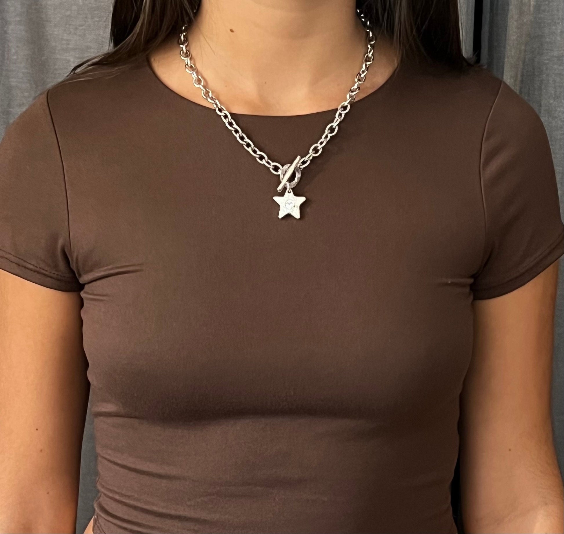 Hammered Silver Star Necklace| Sparkly Silver Star Pendant | Chunky Silver Star Necklace | Brushed Silver Star CZ Necklace | Toggle Necklace
