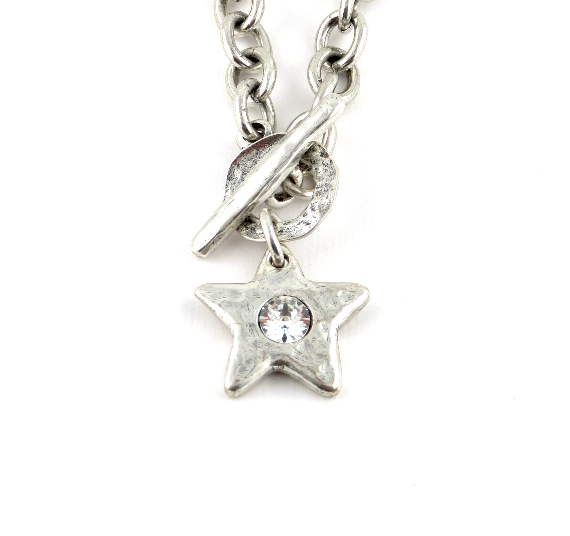 Hammered Silver Star Necklace| Sparkly Silver Star Pendant | Chunky Silver Star Necklace | Brushed Silver Star CZ Necklace | Toggle Necklace