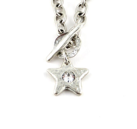 Hammered Silver Star Necklace| Sparkly Silver Star Pendant | Chunky Silver Star Necklace | Brushed Silver Star CZ Necklace | Toggle Necklace