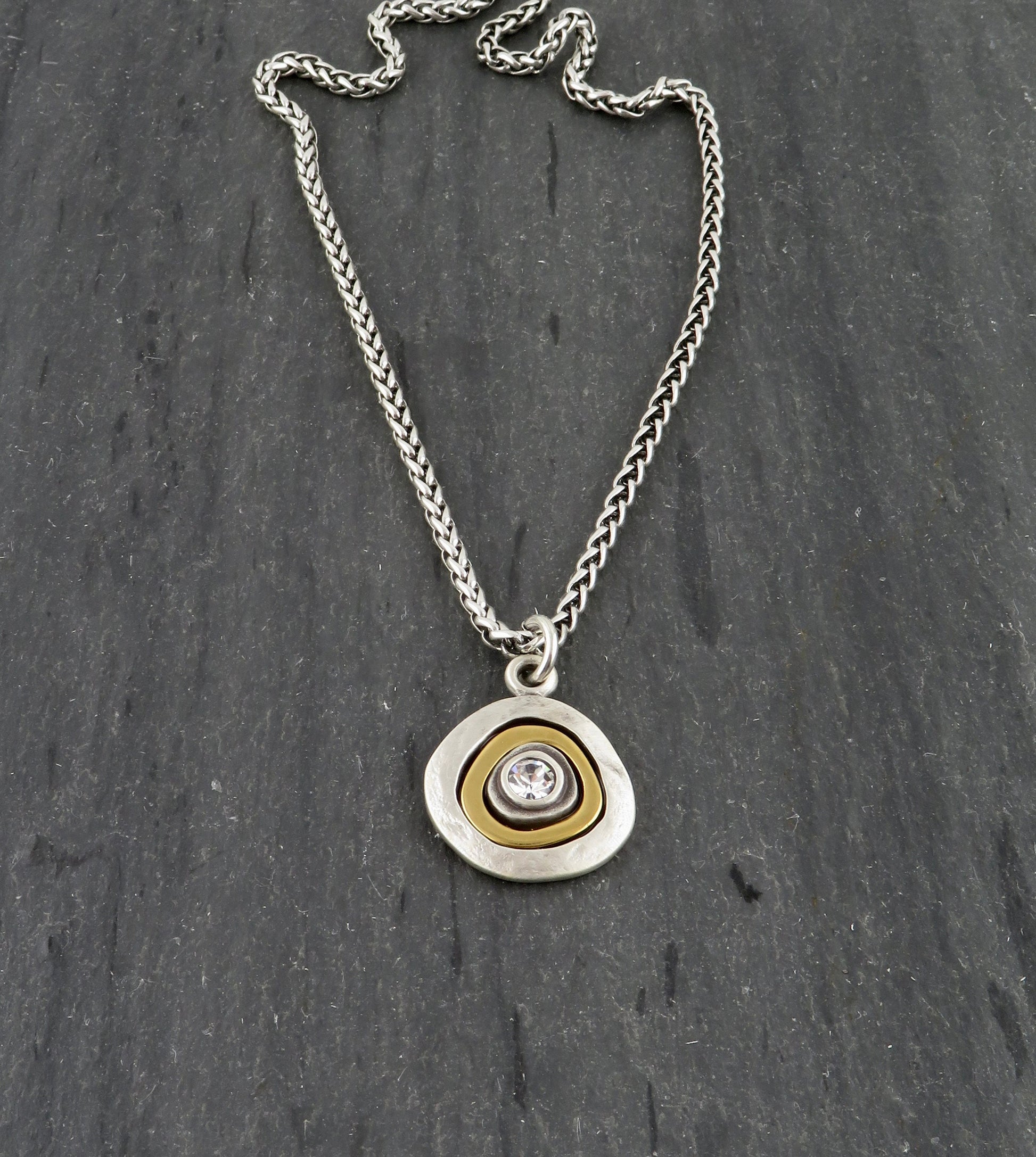 Two Tone Crystal Pendant | Gold Silver Necklace | Mixed Metal cz Necklace | Two Toned Medallion Pendant | Mixed Metal Crystal Necklace
