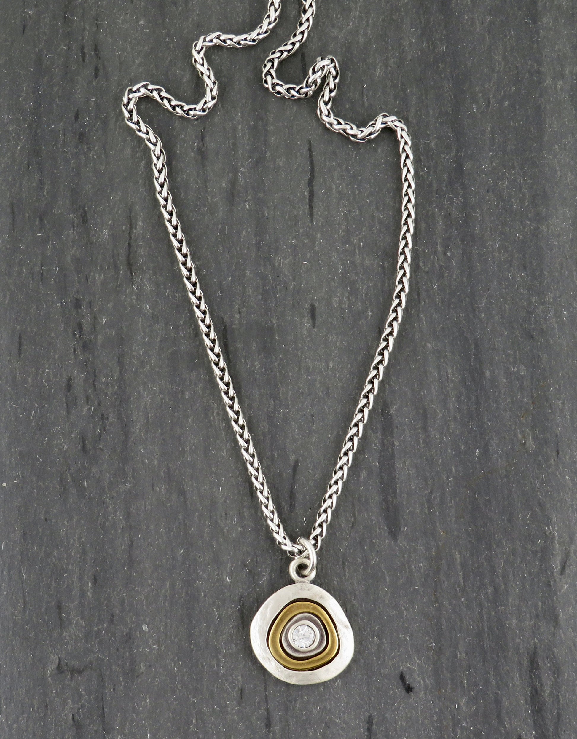 Two Tone Crystal Pendant | Gold Silver Necklace | Mixed Metal cz Necklace | Two Toned Medallion Pendant | Mixed Metal Crystal Necklace