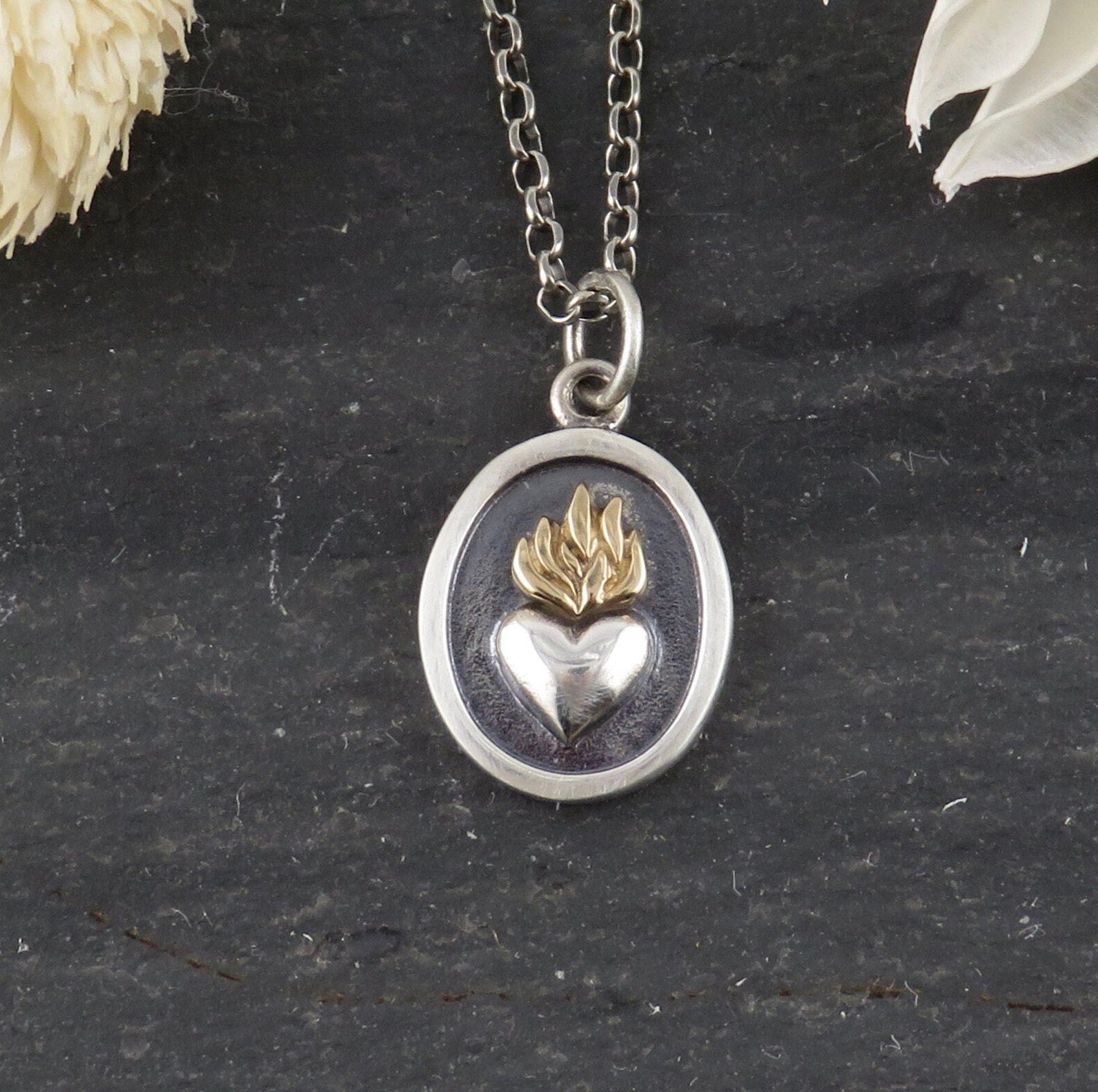 Two Tone Heart Necklace | Silver Gold Heart on Fire Pendant | Mixed Metal Heart Flame Necklace | Heart Fire Sterling Necklace | Heart Flame