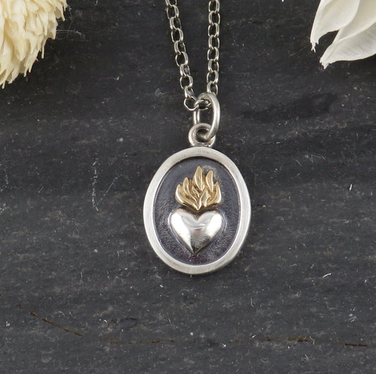 Two Tone Heart Necklace | Silver Gold Heart on Fire Pendant | Mixed Metal Heart Flame Necklace | Heart Fire Sterling Necklace | Heart Flame