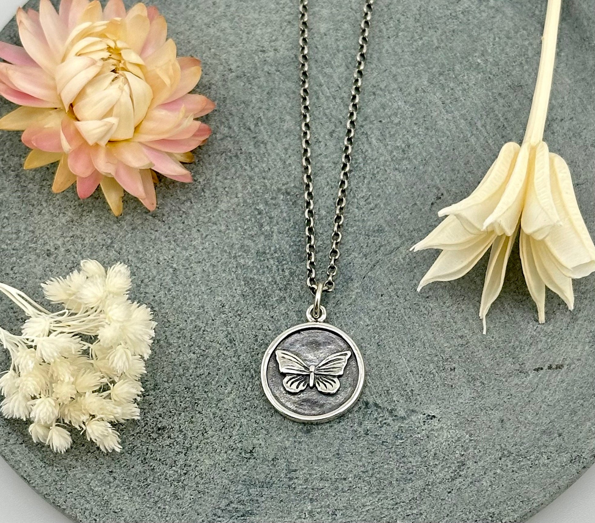 Sterling Butterfly Necklace | Butterfly Coin Pendant | Silver Butterfly Pendant | Sterling Butterfly Medallion | Rustic Butterfly Necklace