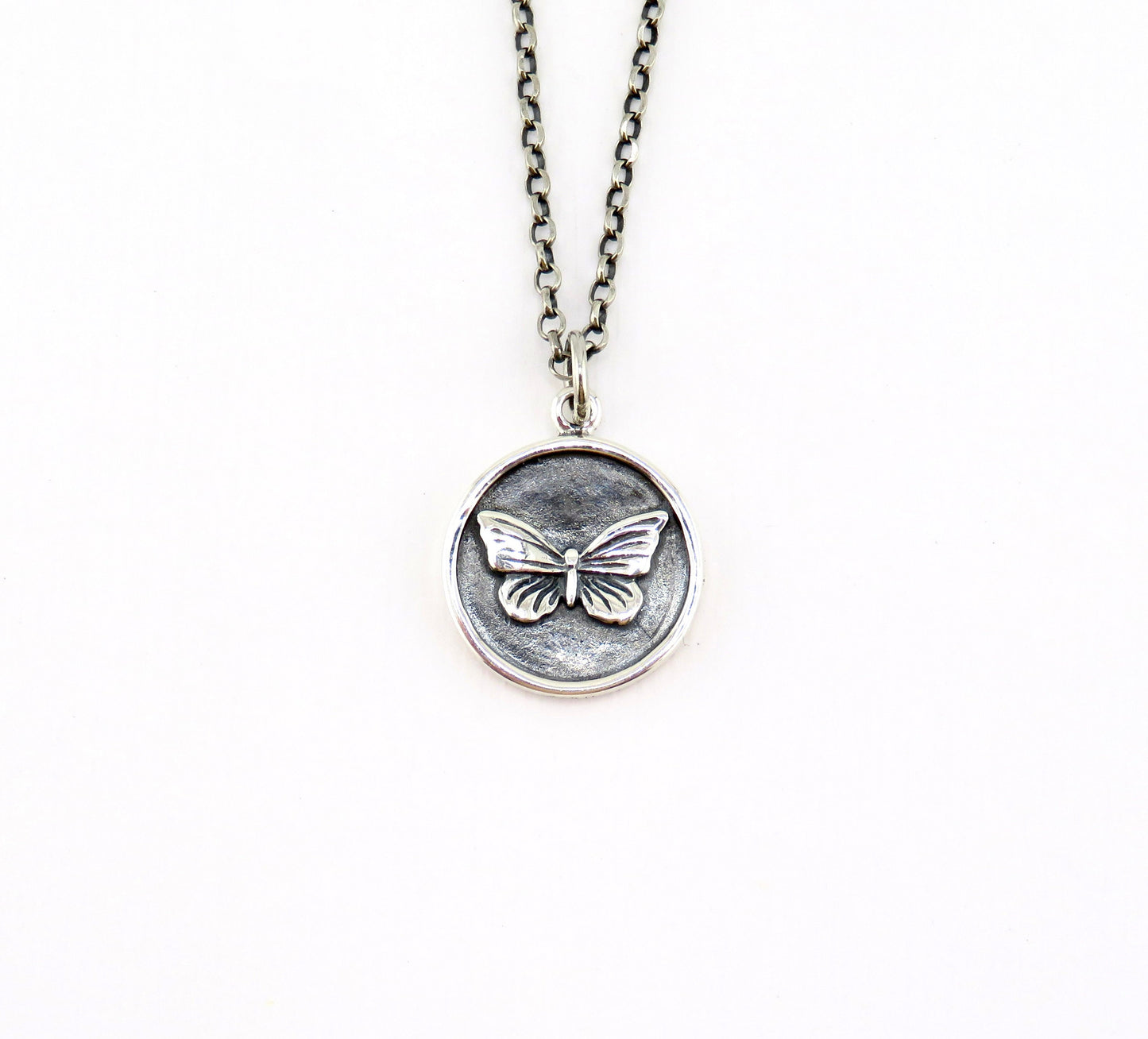 Sterling Butterfly Necklace | Butterfly Coin Pendant | Silver Butterfly Pendant | Sterling Butterfly Medallion | Rustic Butterfly Necklace