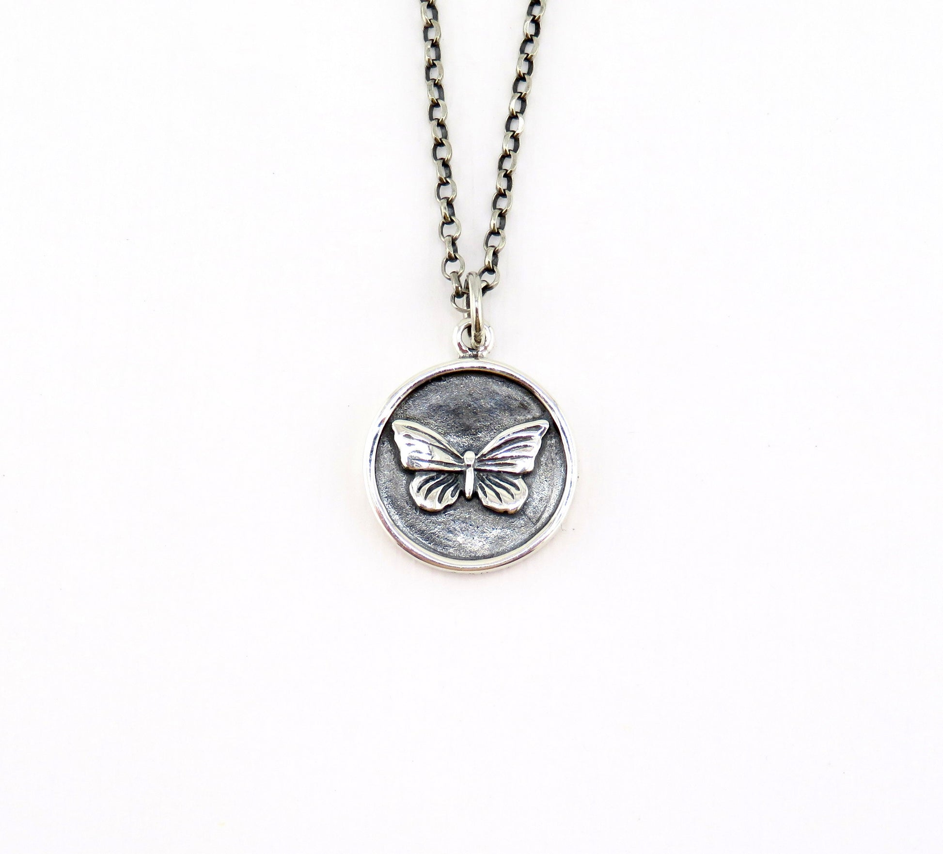 Sterling Butterfly Necklace | Butterfly Coin Pendant | Silver Butterfly Pendant | Sterling Butterfly Medallion | Rustic Butterfly Necklace