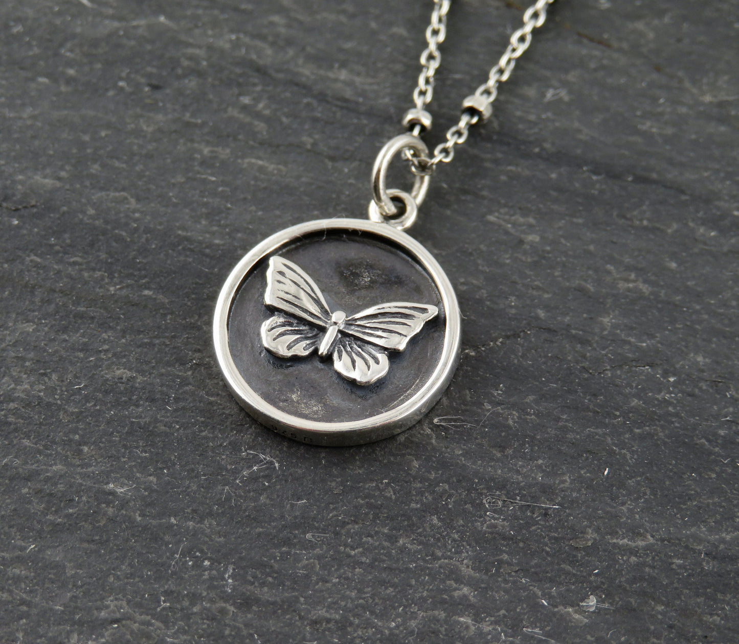 Sterling Butterfly Necklace | Butterfly Coin Pendant | Silver Butterfly Pendant | Sterling Butterfly Medallion | Rustic Butterfly Necklace