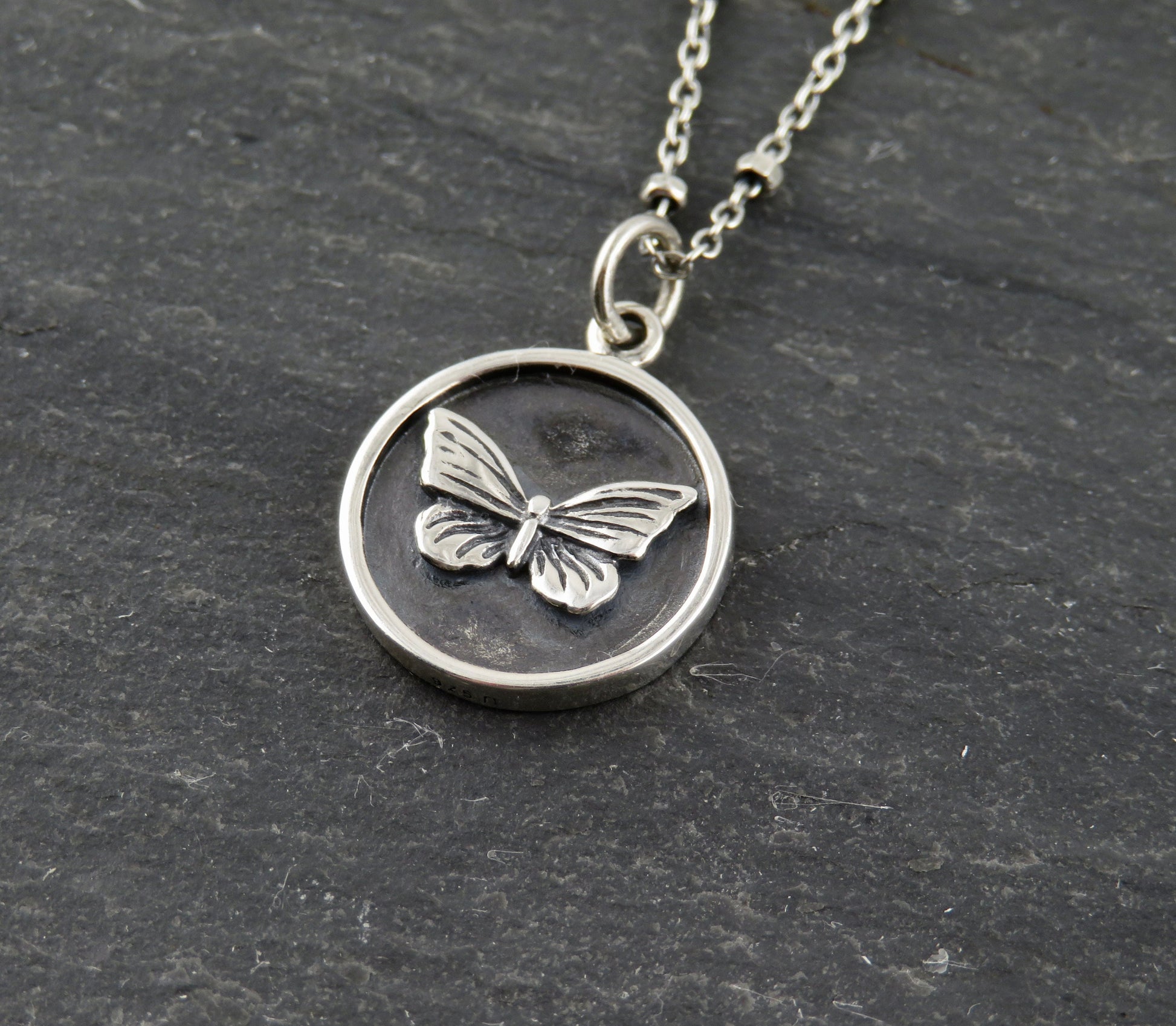 Sterling Butterfly Necklace | Butterfly Coin Pendant | Silver Butterfly Pendant | Sterling Butterfly Medallion | Rustic Butterfly Necklace