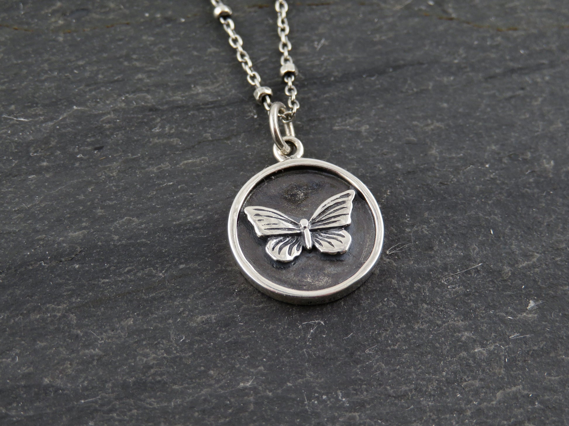 Sterling Butterfly Necklace | Butterfly Coin Pendant | Silver Butterfly Pendant | Sterling Butterfly Medallion | Rustic Butterfly Necklace