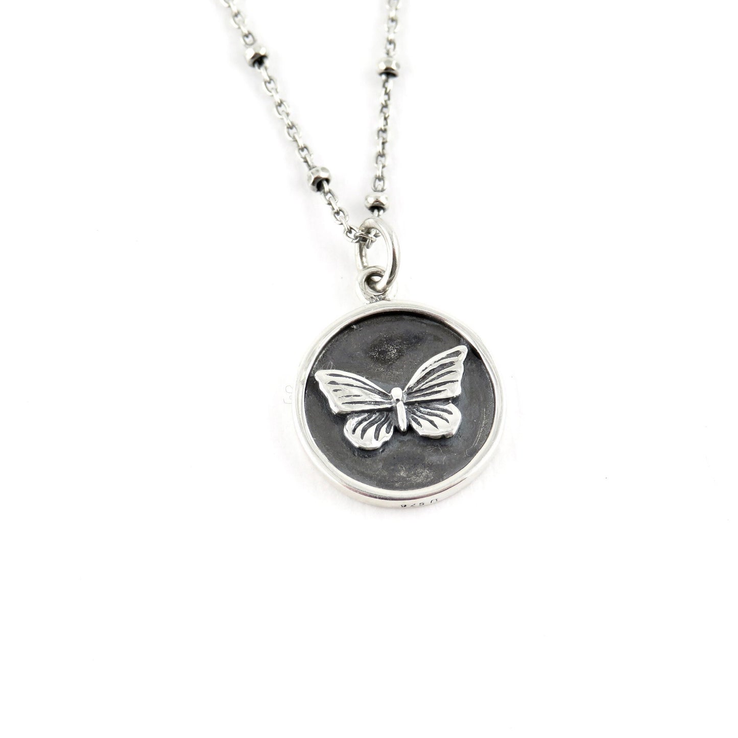 Sterling Butterfly Necklace | Butterfly Coin Pendant | Silver Butterfly Pendant | Sterling Butterfly Medallion | Rustic Butterfly Necklace