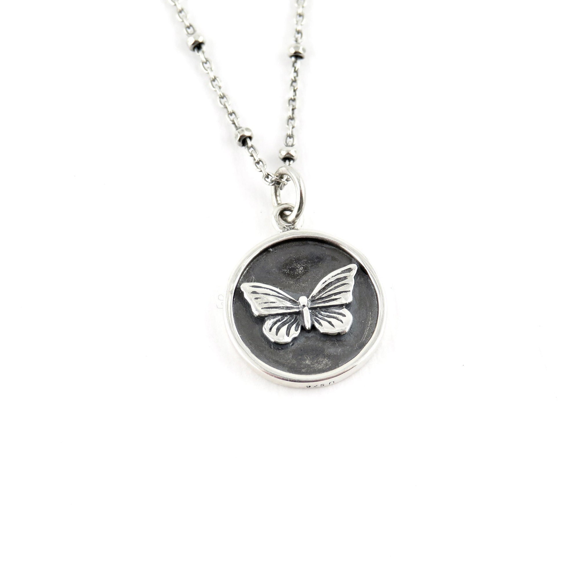 Sterling Butterfly Necklace | Butterfly Coin Pendant | Silver Butterfly Pendant | Sterling Butterfly Medallion | Rustic Butterfly Necklace