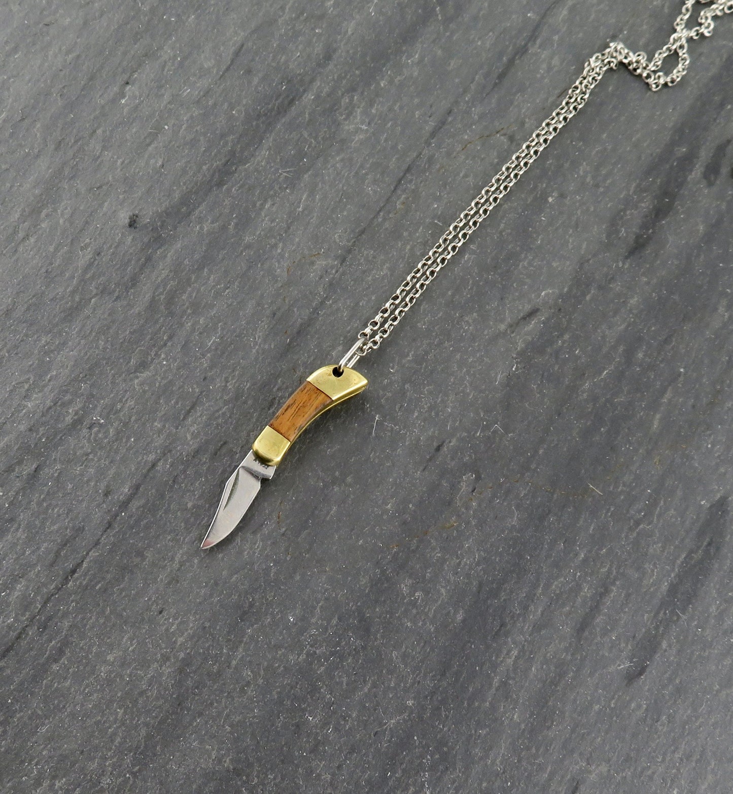 Tiny knife Necklace | Mini Knife Pendant | Small Gold Knife Necklace | Mini Pocketknife Pendant | Brass Walnut Wood Knife Necklace