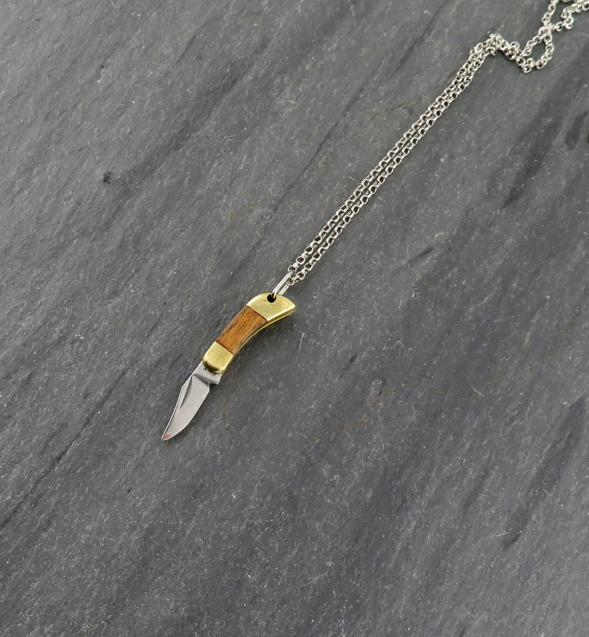 Tiny knife Necklace | Mini Knife Pendant | Small Gold Knife Necklace | Mini Pocketknife Pendant | Brass Walnut Wood Knife Necklace