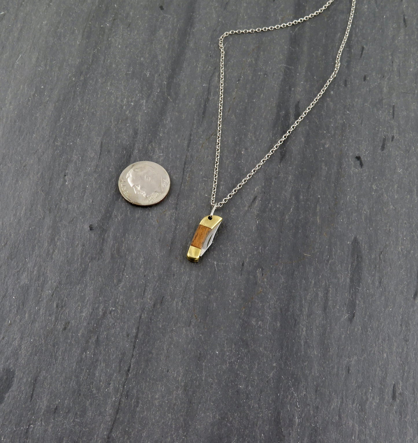 Tiny knife Necklace | Mini Knife Pendant | Small Gold Knife Necklace | Mini Pocketknife Pendant | Brass Walnut Wood Knife Necklace