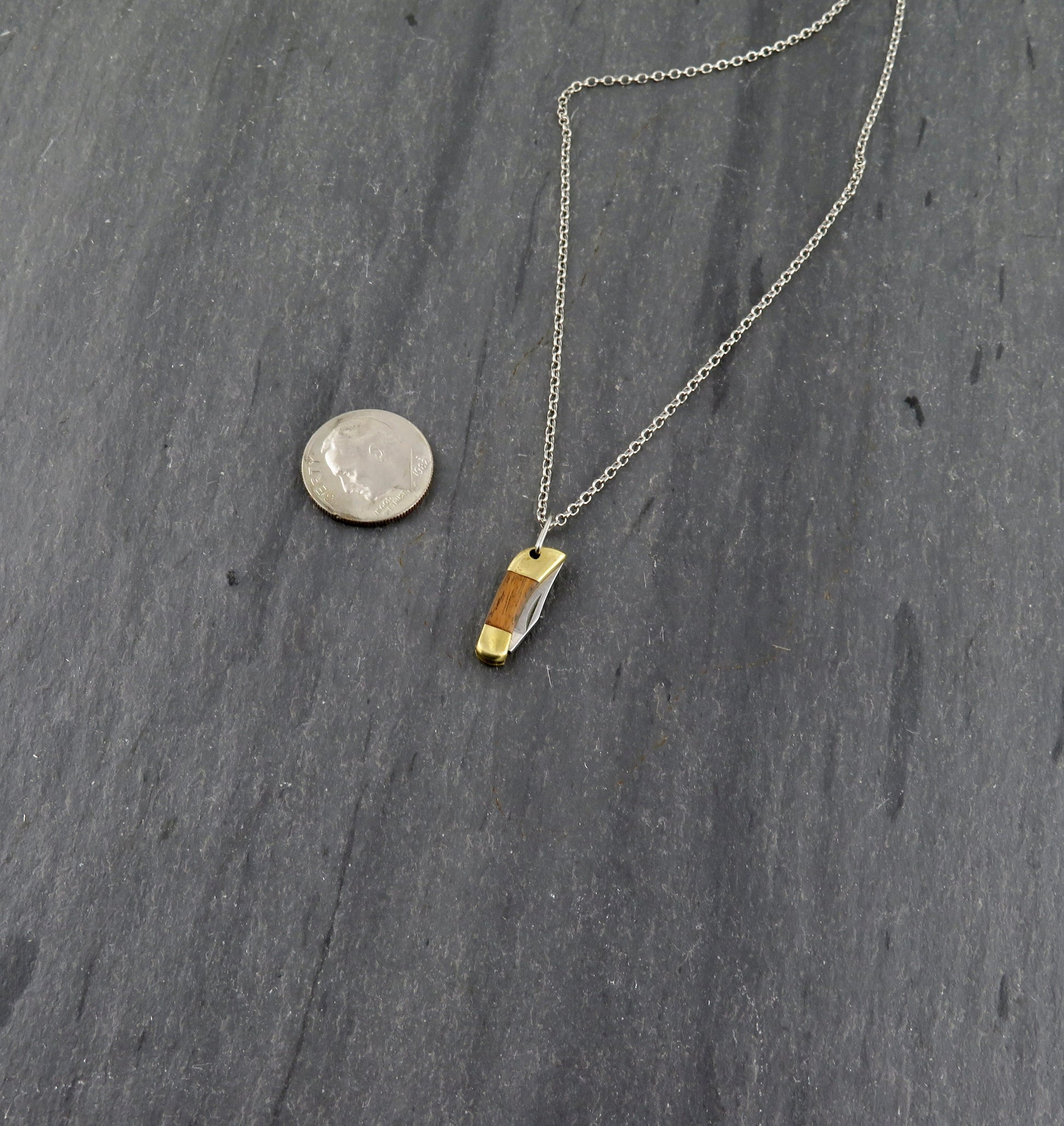 Tiny knife Necklace | Mini Knife Pendant | Small Gold Knife Necklace | Mini Pocketknife Pendant | Brass Walnut Wood Knife Necklace