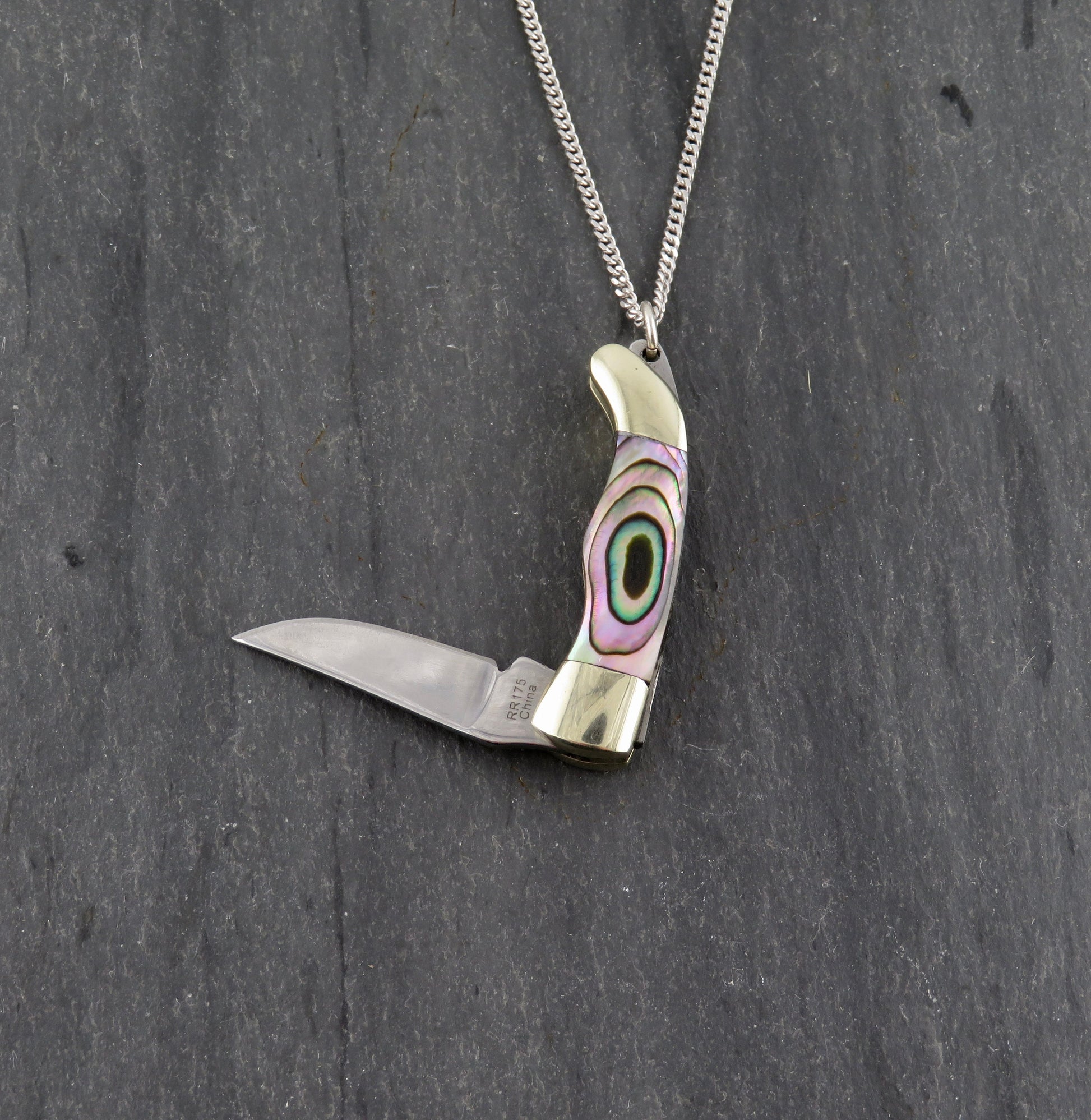 Abalone knife necklace, small pocketknife necklace, mini knife necklace, small pocketknife necklace, knife jewelry, small knife pendant