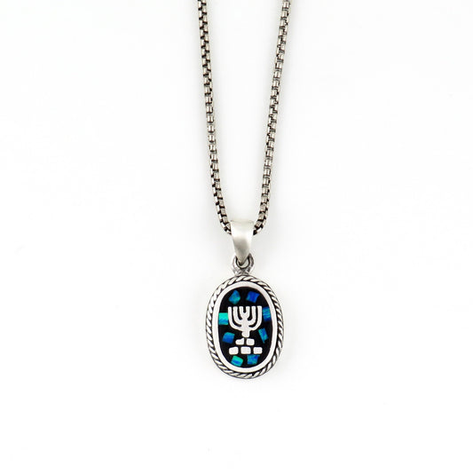 Sterling Opal Judaica Necklace | Silver Menorah Pendant | Mosaic Opal Jewish Necklace | Opal Silver Fancy Judaic Pendant | Menorah Necklace