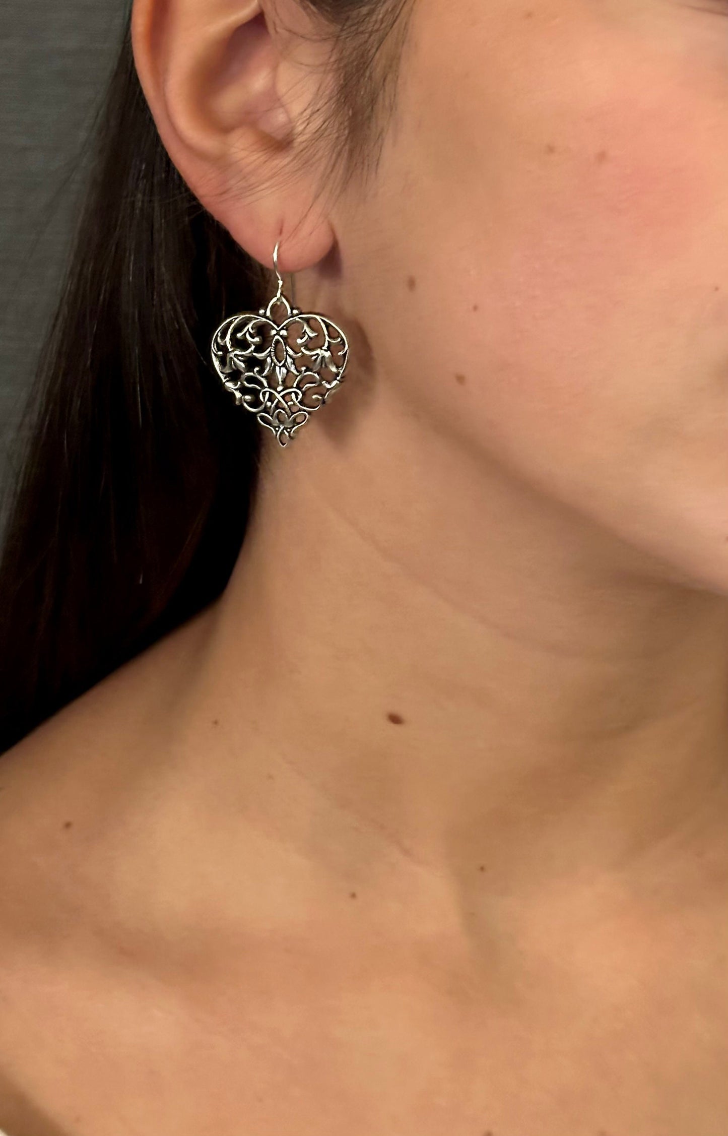 Antique Silver Heart Earrings | Victorian Heart Earrings | Romantic Heart Earrings | Baroque Silver Heart Earrings | Large Cutout Hearts