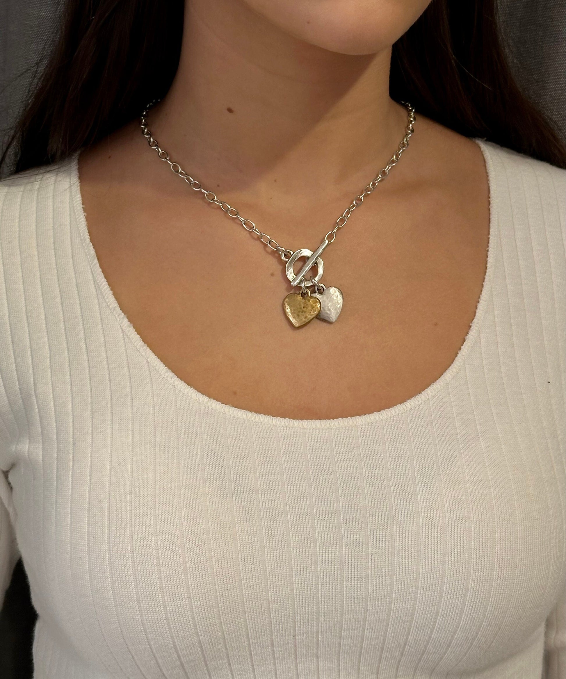 Two Tone Heart Necklace | Hammered Heart Necklace | Gold Silver Heart Necklace | Two Hearts Necklace
