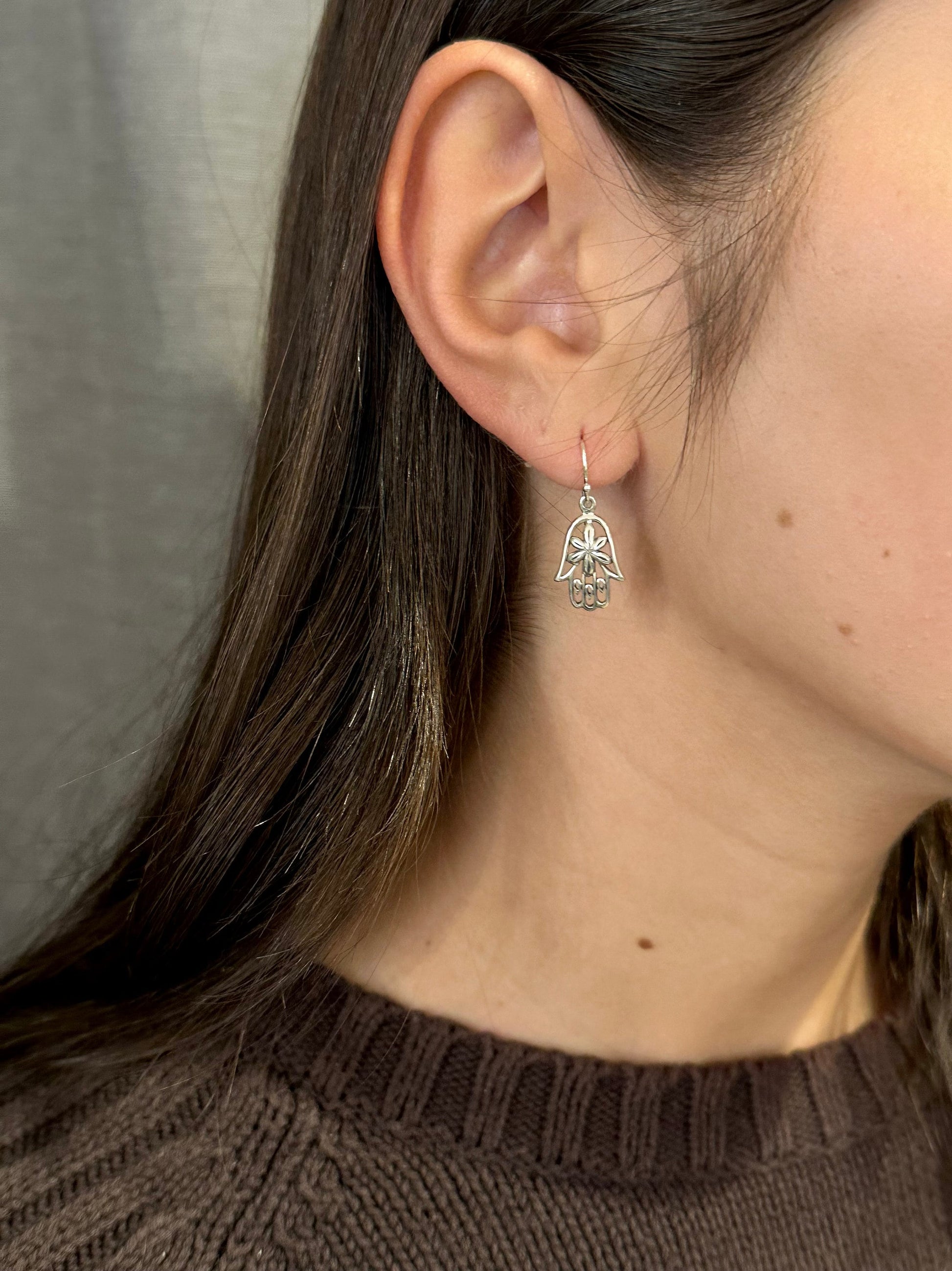 Hamsa Earrings, Silver Hamsa Earrings, Hand Earrings, Spiritual Earrings, Floral Hamsa Earrings, Bat Mitzvah Gift, Silver Hand Earrings