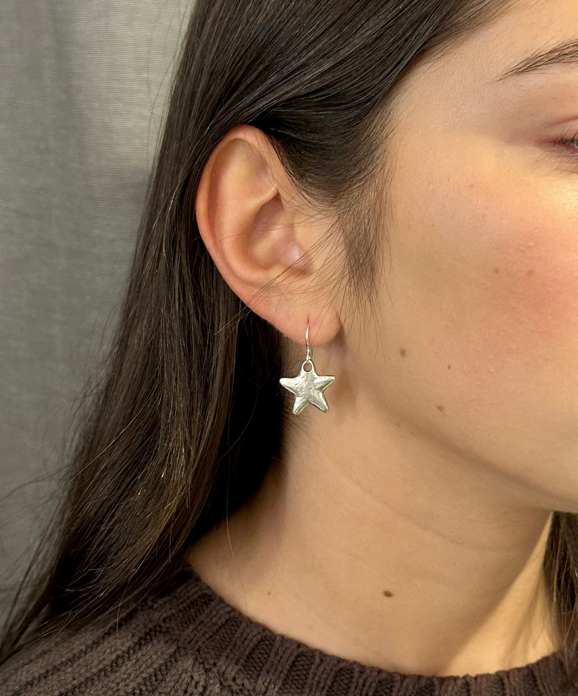Silver Star Earrings | Rustic Star Earrings | Hammered Star Earrings | Brushed Matte Silver Star Earrings | Simple Star Pendant Earrings