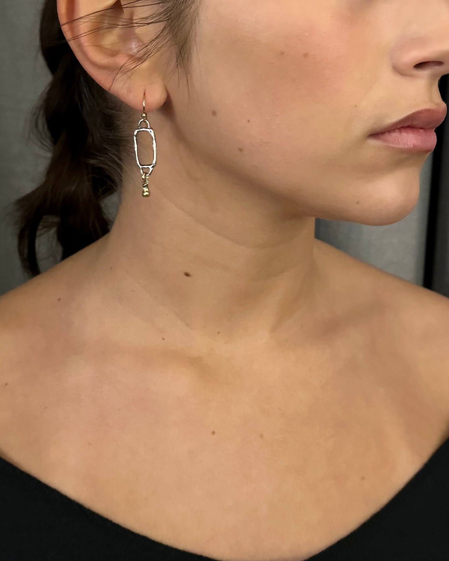 Silver Gold Earrings | Hammered Two Tone Earring | Mixed Metal Earrings | Rectangle Drop Earrings | Open Geometric Earrings | Unique Earring