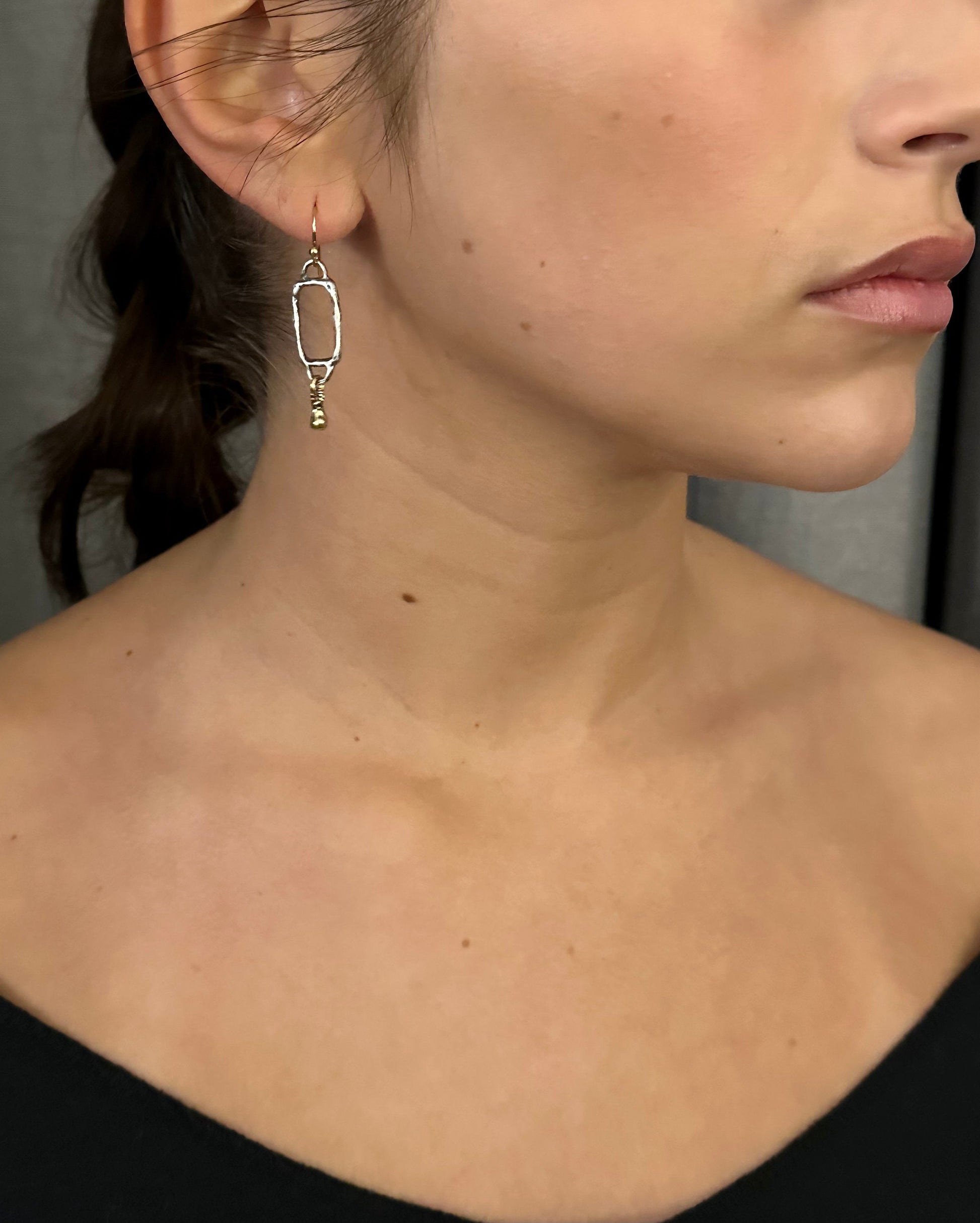 Silver Gold Earrings | Hammered Two Tone Earring | Mixed Metal Earrings | Rectangle Drop Earrings | Open Geometric Earrings | Unique Earring