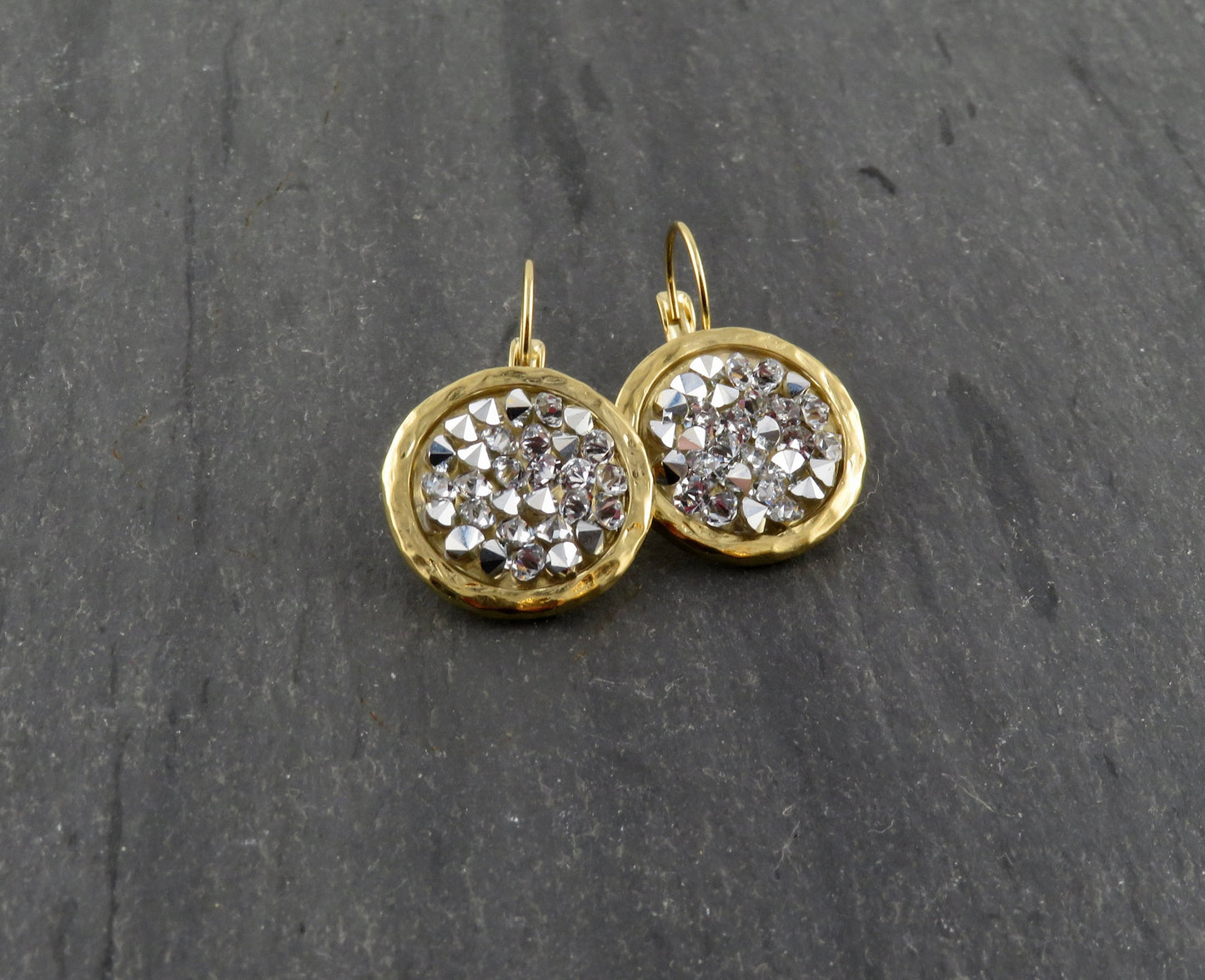 Gold Sparkly Earrings | Multi Crystal Gold Earrings | Gold Silver Crystal Earrings | Sparkly Cocktail Earrings | Lever Back Earrings