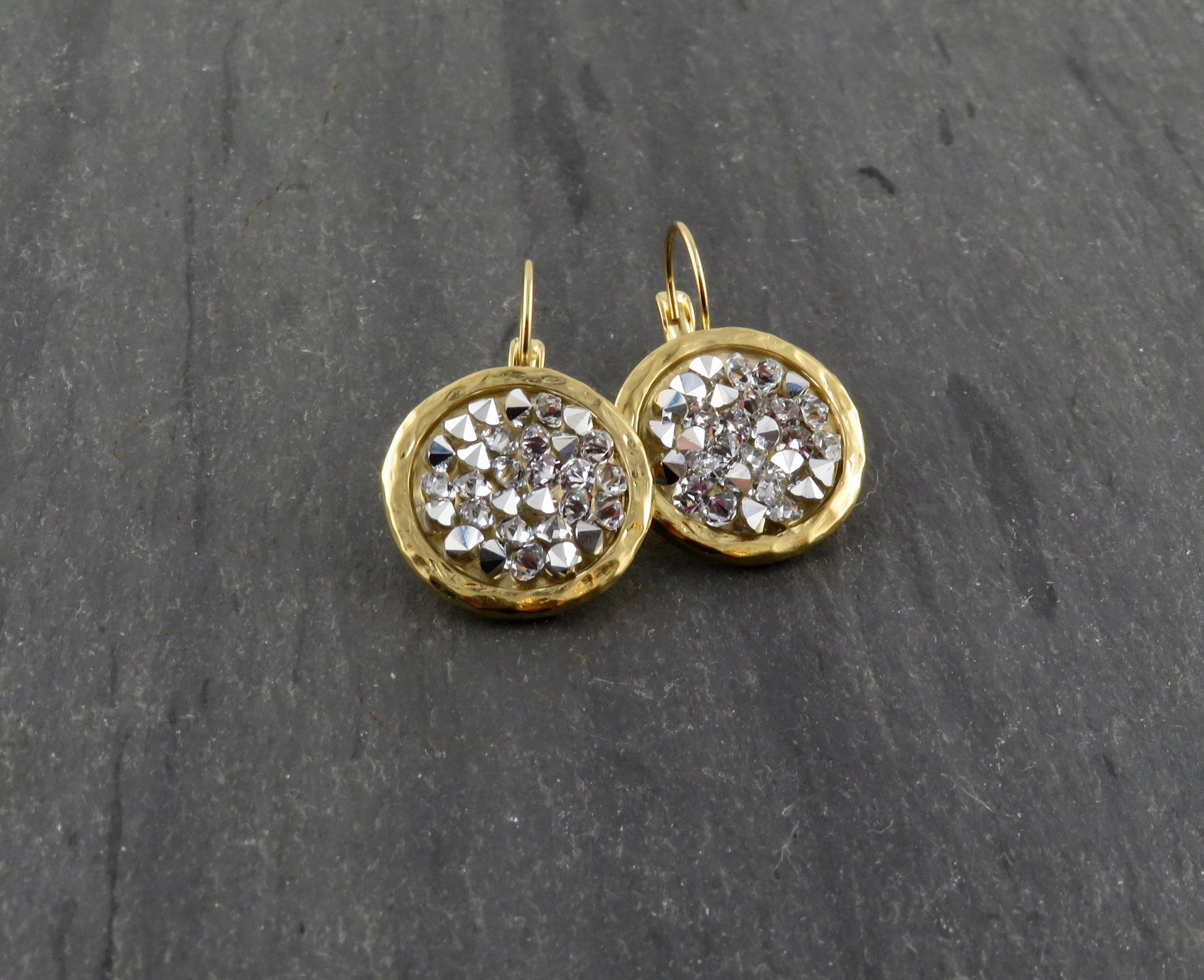 Gold Sparkly Earrings | Multi Crystal Gold Earrings | Gold Silver Crystal Earrings | Sparkly Cocktail Earrings | Lever Back Earrings