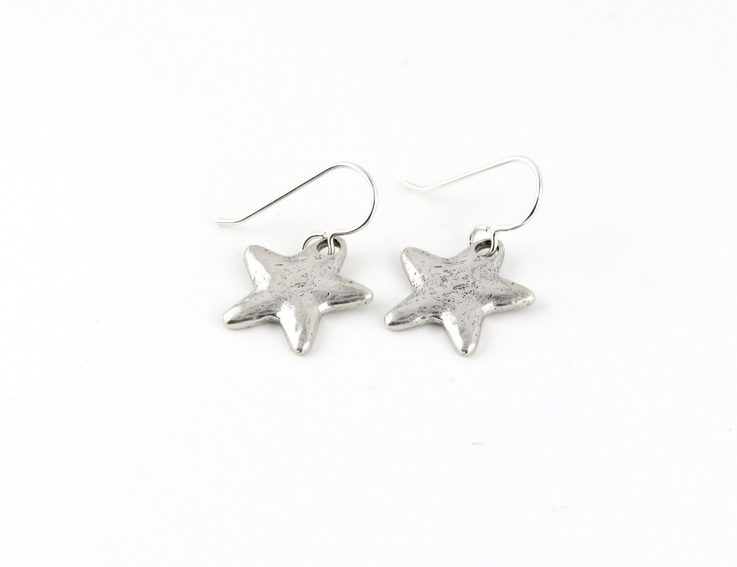 Silver Star Earrings | Rustic Star Earrings | Hammered Star Earrings | Brushed Matte Silver Star Earrings | Simple Star Pendant Earrings