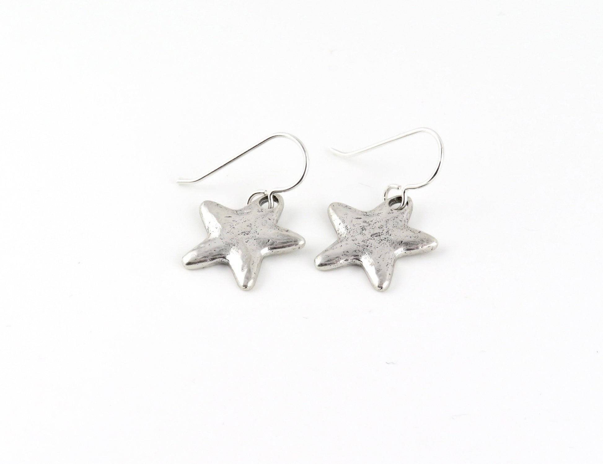 Silver Star Earrings | Rustic Star Earrings | Hammered Star Earrings | Brushed Matte Silver Star Earrings | Simple Star Pendant Earrings
