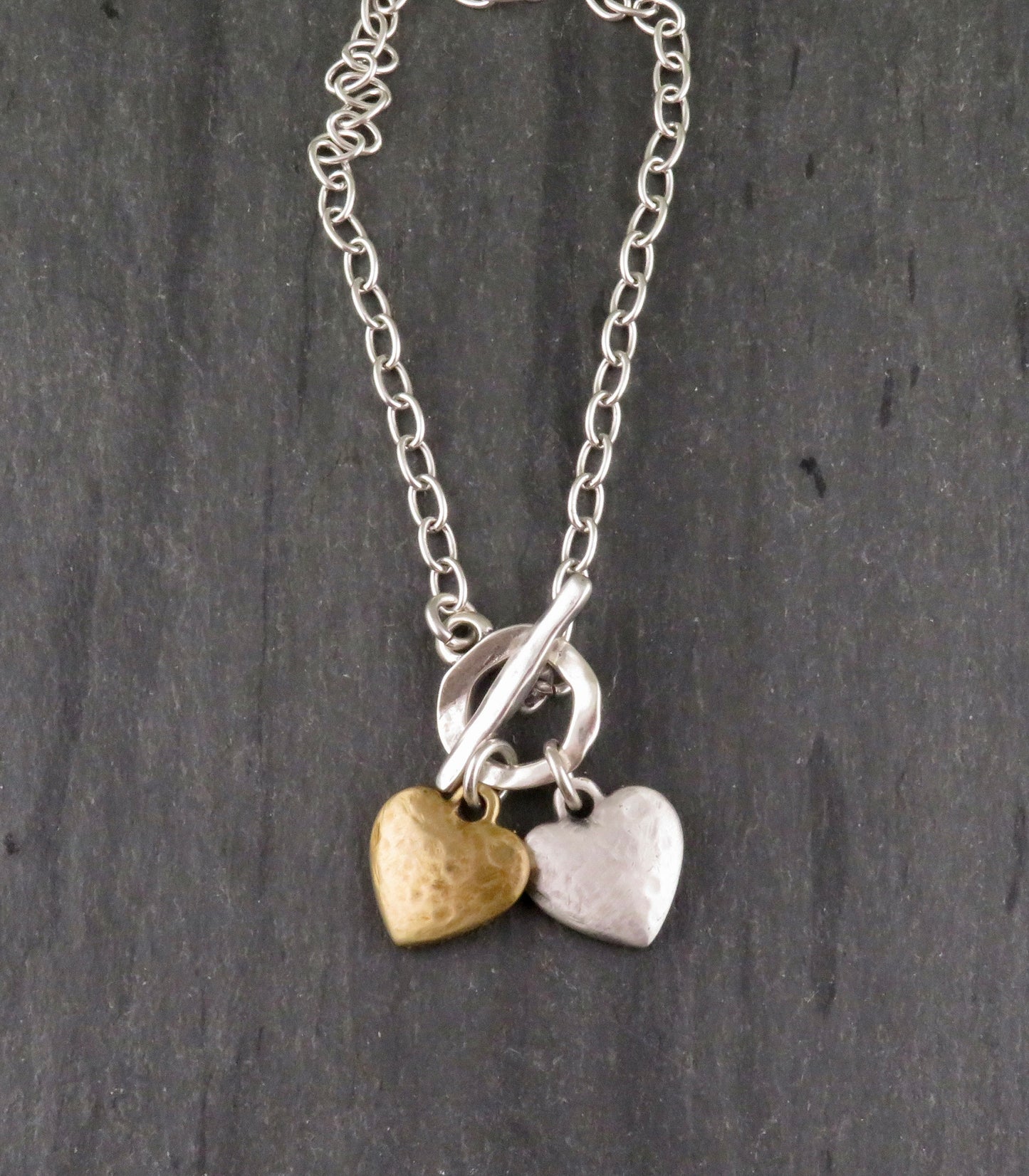 Two Tone Heart Necklace | Hammered Heart Necklace | Gold Silver Heart Necklace | Two Hearts Necklace