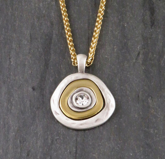 Two Tone Necklace | Hammered Gold Silver Pendant | Two Tone Sparkle Necklace | Mixed Metal Statement Pendant | Chunky Long Pendant