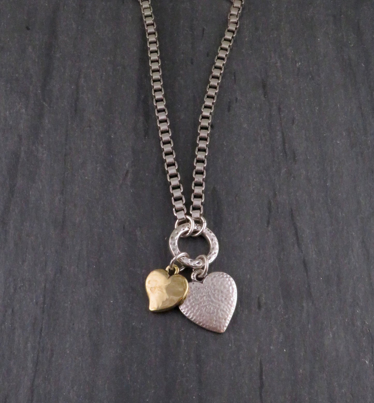 Chunky Two-Tone Heart Necklace | Antique Bronze and Silver Hearts Necklace | Chunky Heart Charm Necklace | Silver Gold Hearts Necklace