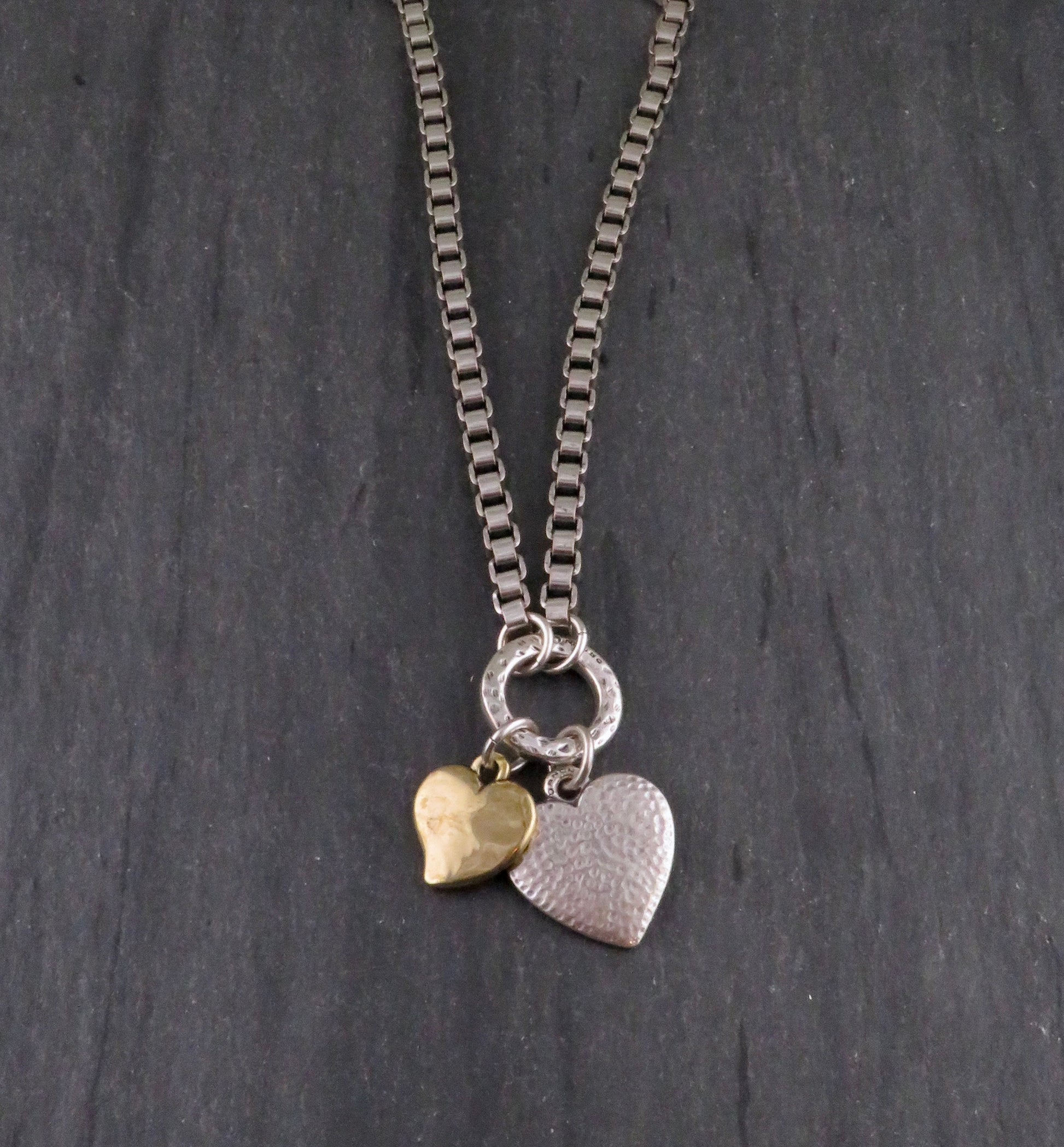 Chunky Two-Tone Heart Necklace | Antique Bronze and Silver Hearts Necklace | Chunky Heart Charm Necklace | Silver Gold Hearts Necklace