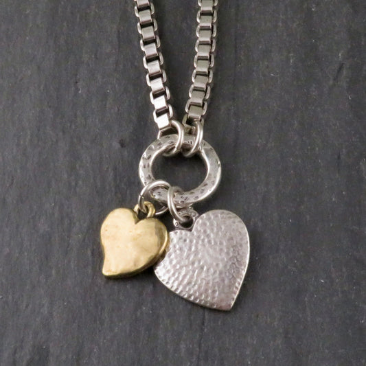 Chunky Two-Tone Heart Necklace | Antique Bronze and Silver Hearts Necklace | Chunky Heart Charm Necklace | Silver Gold Hearts Necklace