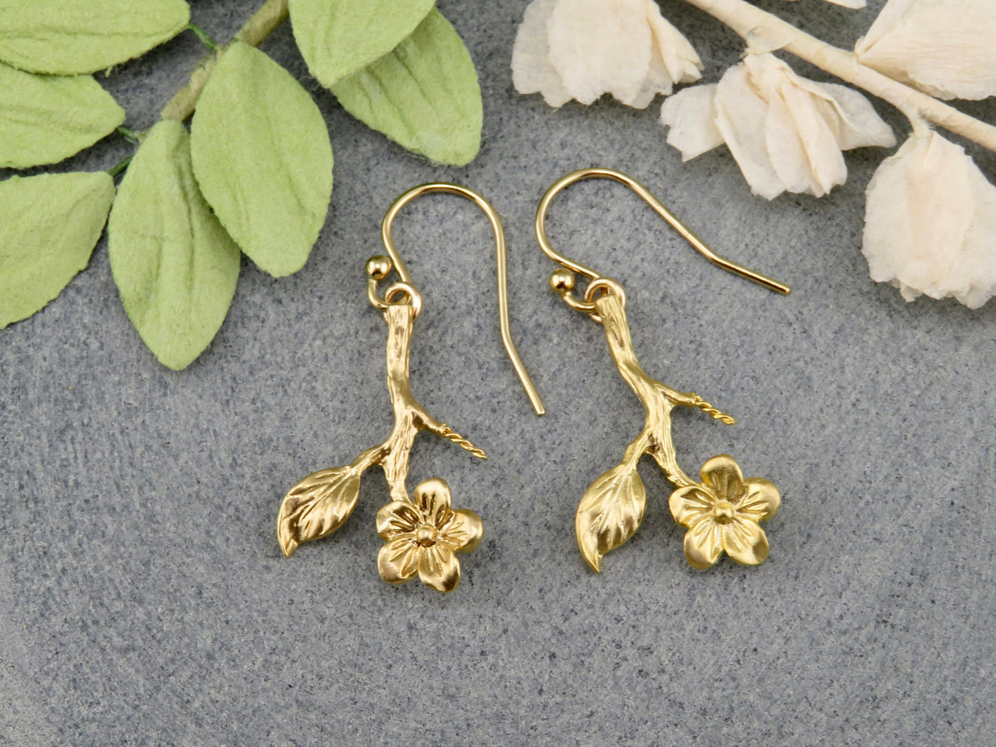 Gold Flower Stem Earrings | Flower Branch Earrings | Lightweight Flower Earrings | Gold Branch Earrings | Gold Hanging Flower Earrings