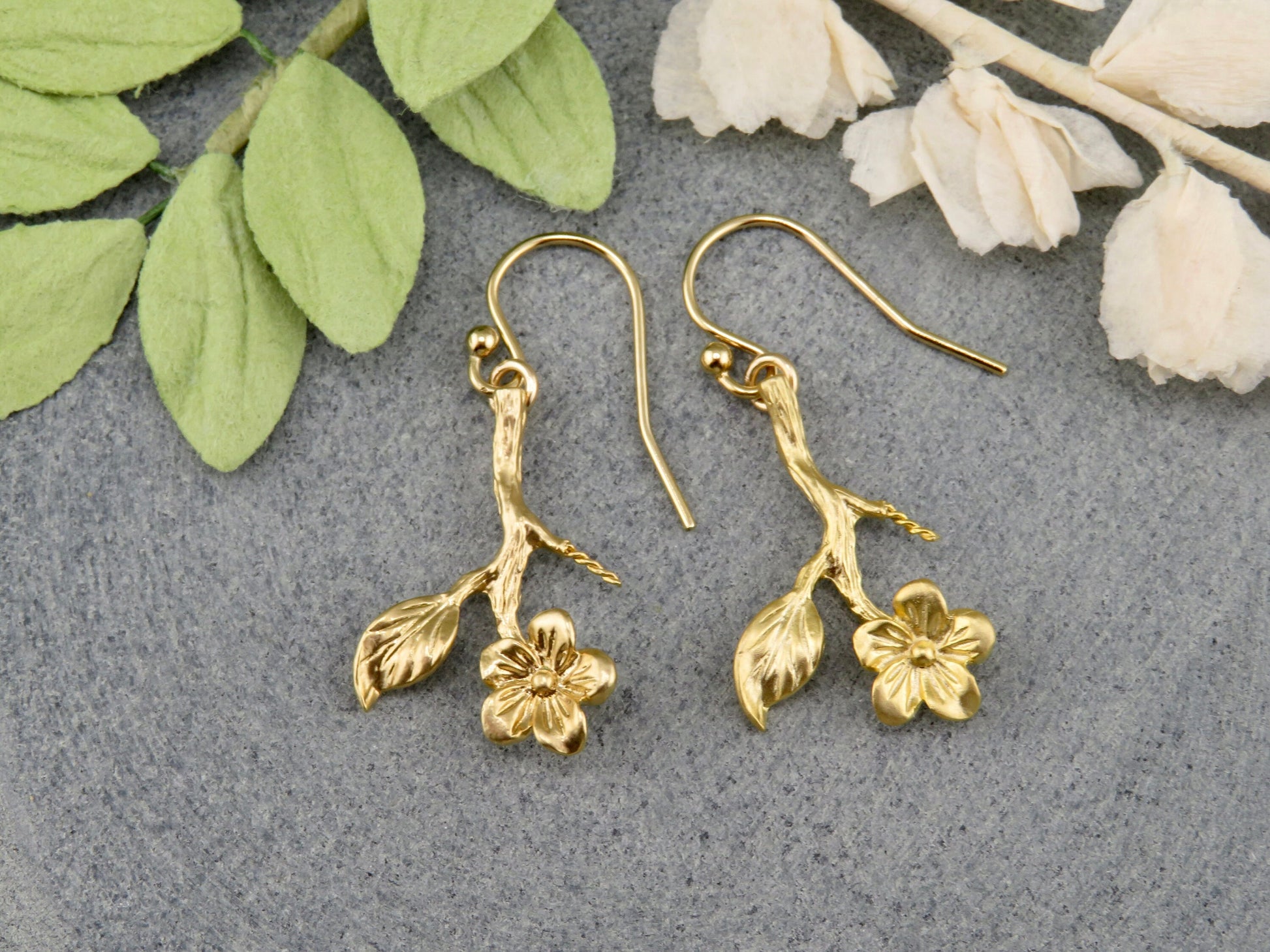 Gold Flower Stem Earrings | Flower Branch Earrings | Lightweight Flower Earrings | Gold Branch Earrings | Gold Hanging Flower Earrings