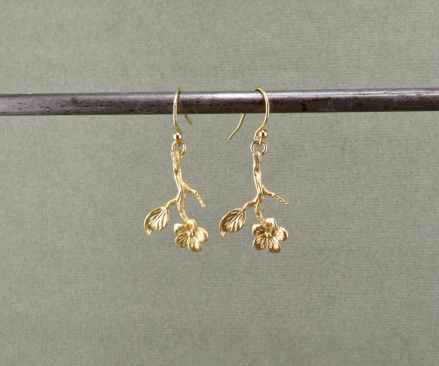 Gold Flower Stem Earrings | Flower Branch Earrings | Lightweight Flower Earrings | Gold Branch Earrings | Gold Hanging Flower Earrings