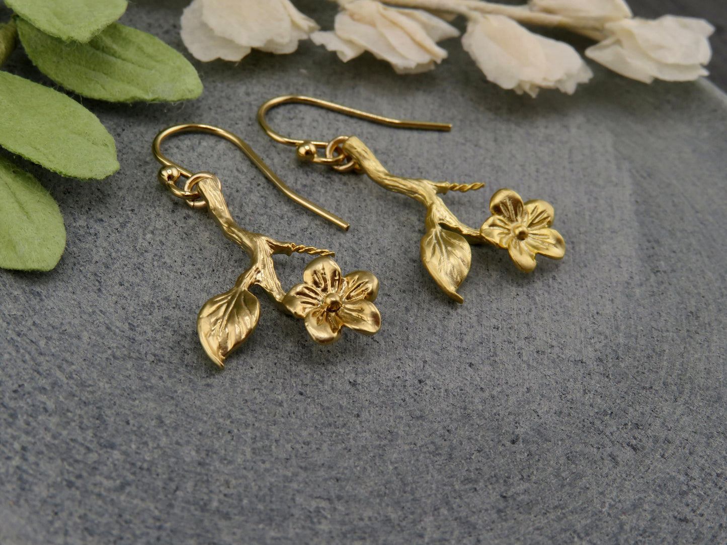 Gold Flower Stem Earrings | Flower Branch Earrings | Lightweight Flower Earrings | Gold Branch Earrings | Gold Hanging Flower Earrings