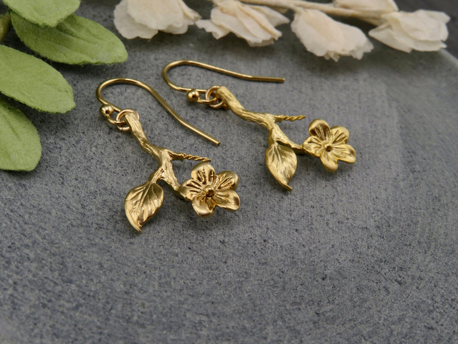 Gold Flower Stem Earrings | Flower Branch Earrings | Lightweight Flower Earrings | Gold Branch Earrings | Gold Hanging Flower Earrings