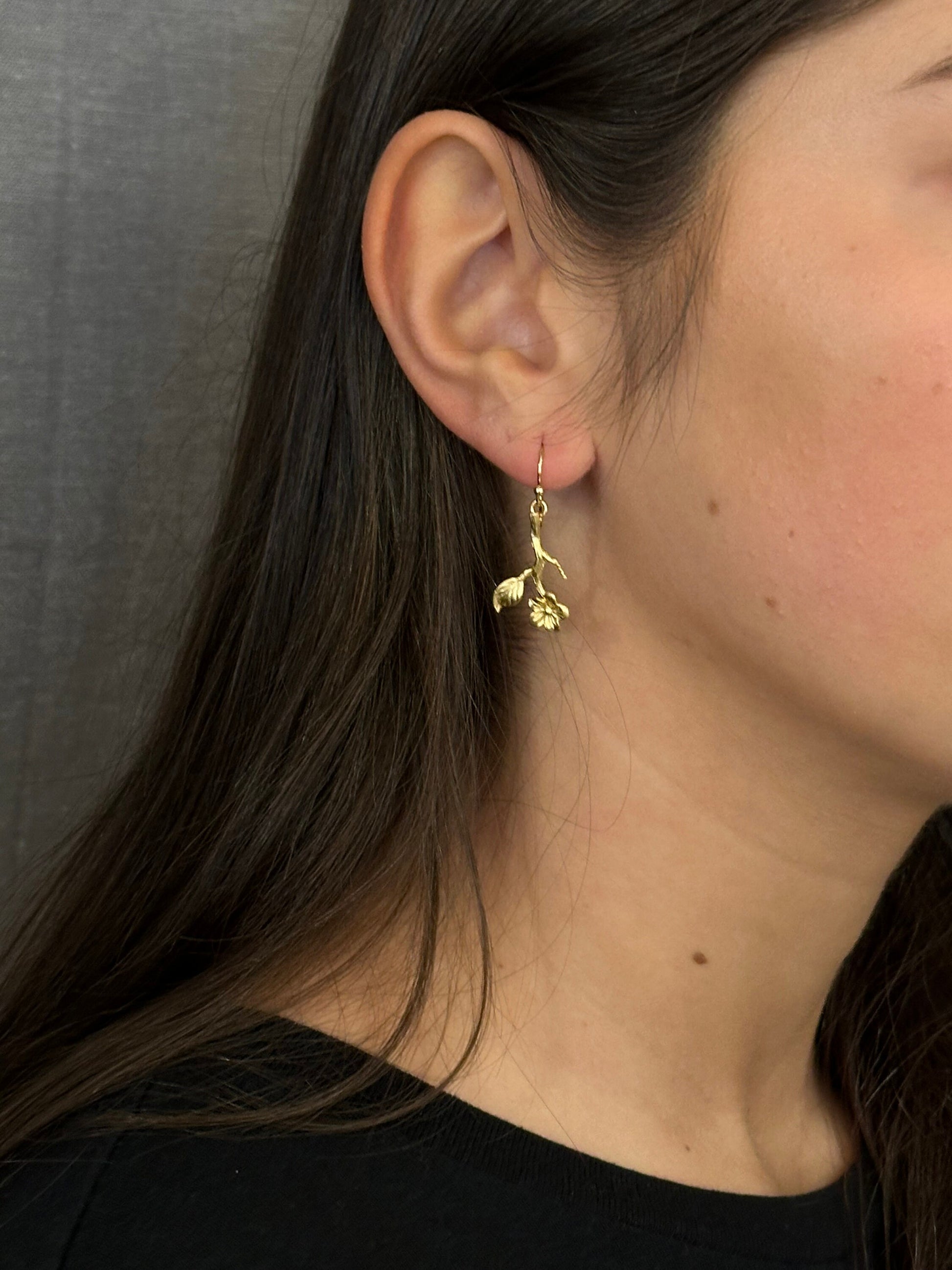 Gold Flower Stem Earrings | Flower Branch Earrings | Lightweight Flower Earrings | Gold Branch Earrings | Gold Hanging Flower Earrings
