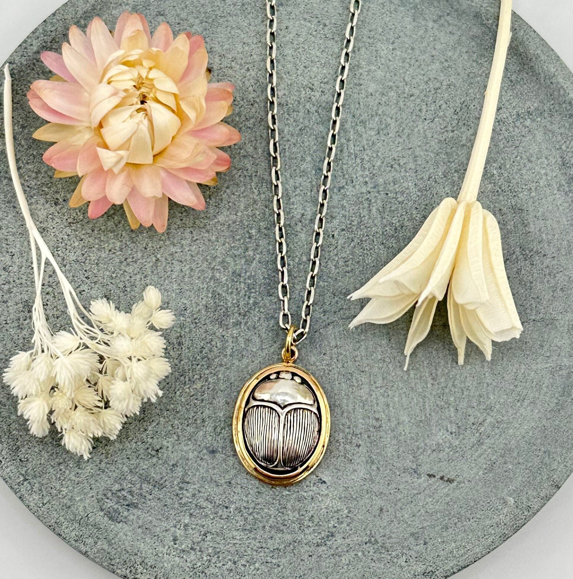 Two Tone Scarab Necklace |Gold Silver Scarab Necklace | Mixed Metal Necklace | Mystical Necklace | Insect Pendant | Egyptian Amulet Necklace