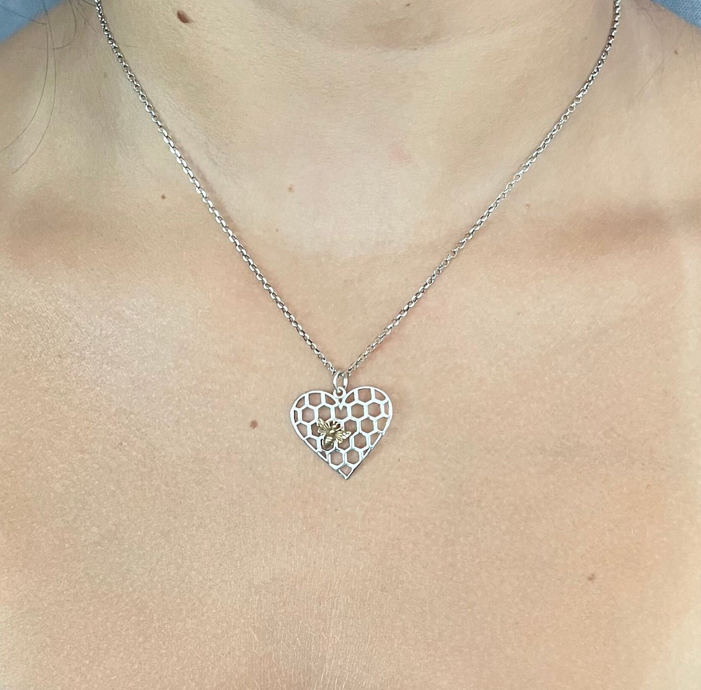 Sterling Bee Heart Necklace | Two Tone Bee Necklace | Mixed Metal Bee Heart Pendant | Honeycomb Heart Bee Necklace | Bee Lover Necklace