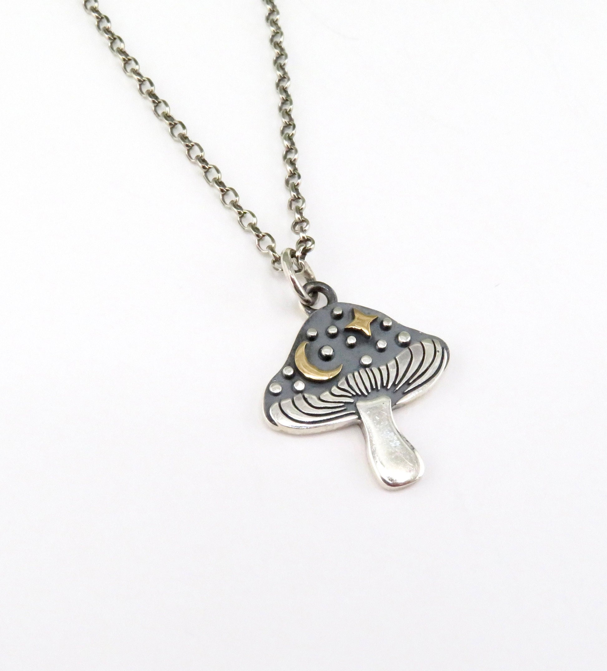 Two Tone Mushroom Necklace | Gold Silver Mushroom Pendant | Mixed Metal Mushroom | Celestial Mushroom Necklace | Unique Mushroom Pendant