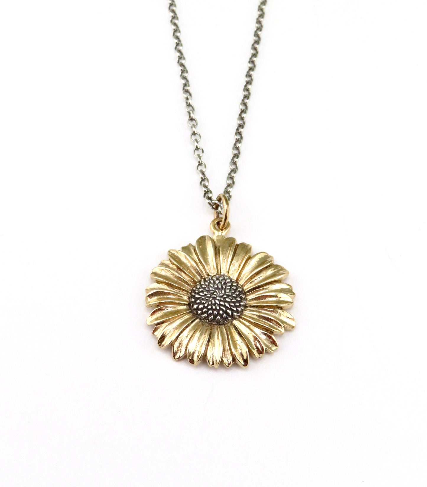 Two Tone Daisy Necklace | Gold Silver Flower Necklace | Mixed Metal Necklace | Bronze Daisy Necklace | Gold Daisy Pendant | Floral Necklace