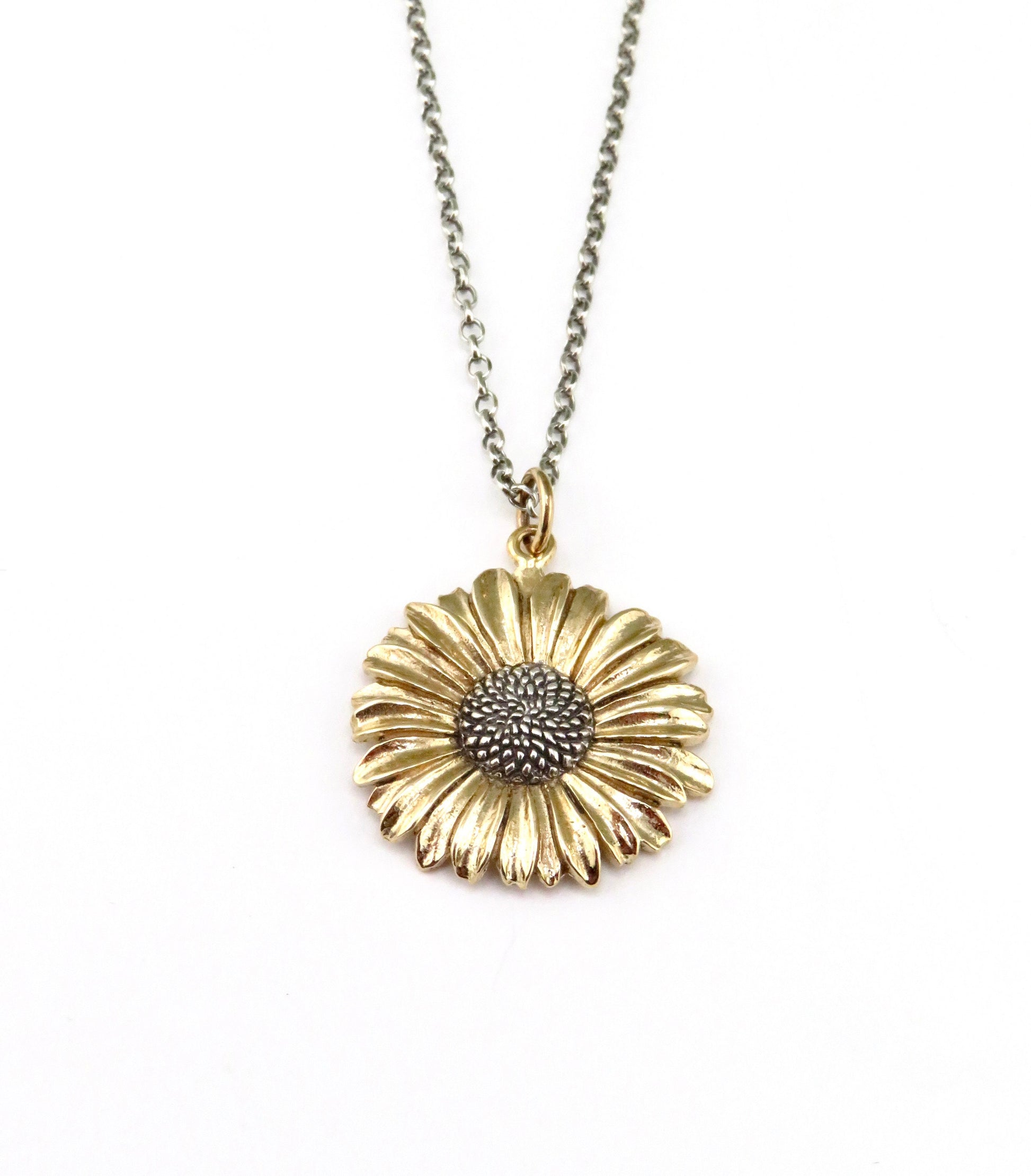 Two Tone Daisy Necklace | Gold Silver Flower Necklace | Mixed Metal Necklace | Bronze Daisy Necklace | Gold Daisy Pendant | Floral Necklace