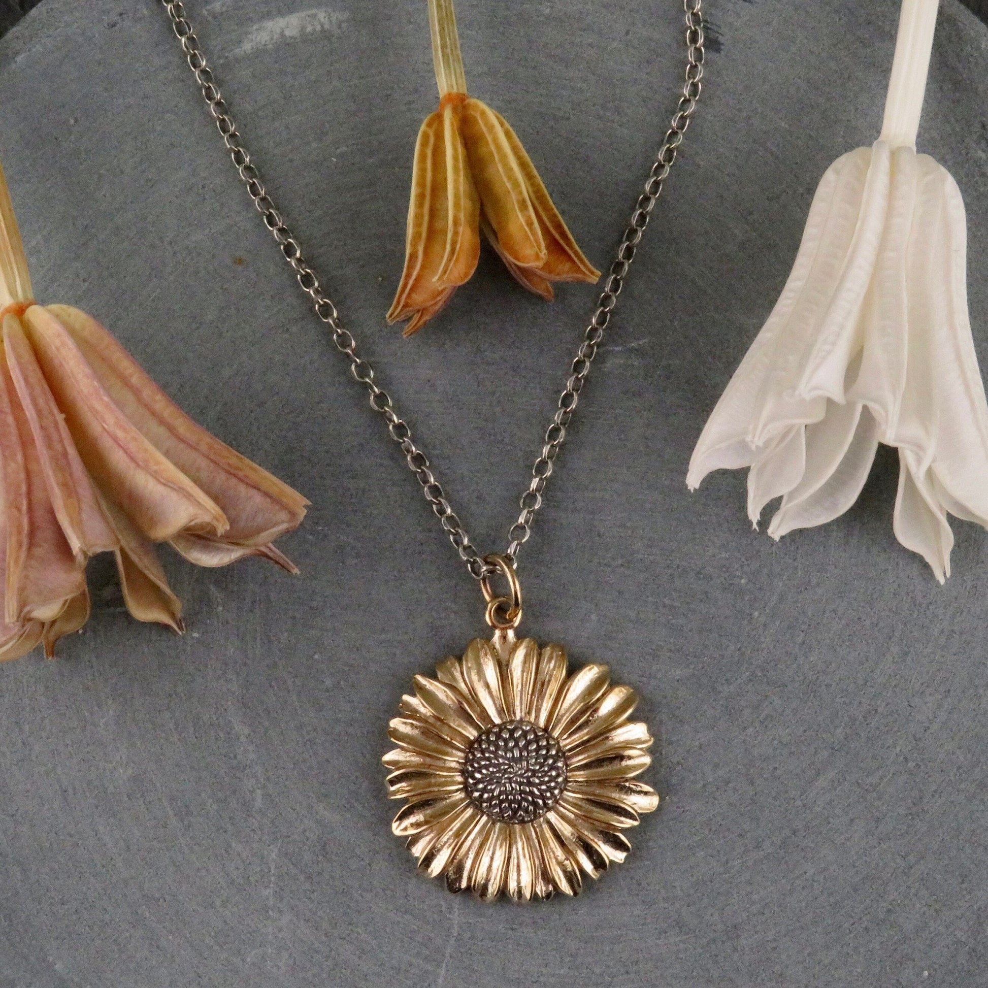 Two Tone Daisy Necklace | Gold Silver Flower Necklace | Mixed Metal Necklace | Bronze Daisy Necklace | Gold Daisy Pendant | Floral Necklace