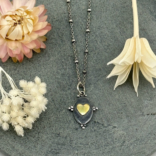 Two Tone Baroque Heart Necklace | Silver Gold Heart Pendant Necklace | Sterling Mixed Metal Heart Necklace | Romantic Heart Pendant Gold
