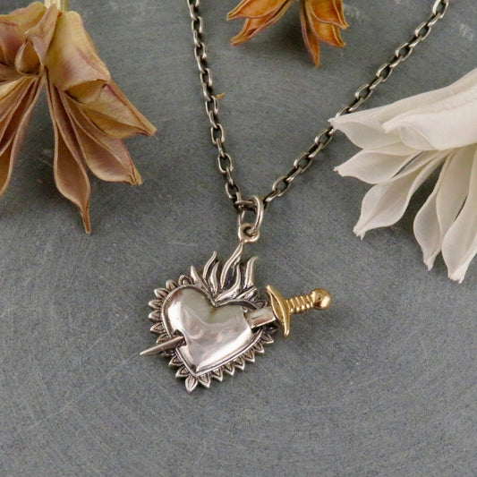 Heart Sword Necklace | Two Tone Dagger Necklace | Silver Gold Heart Fire Pendant | Mixed Metal Heart Necklace | Sterling Love Sword Pendant